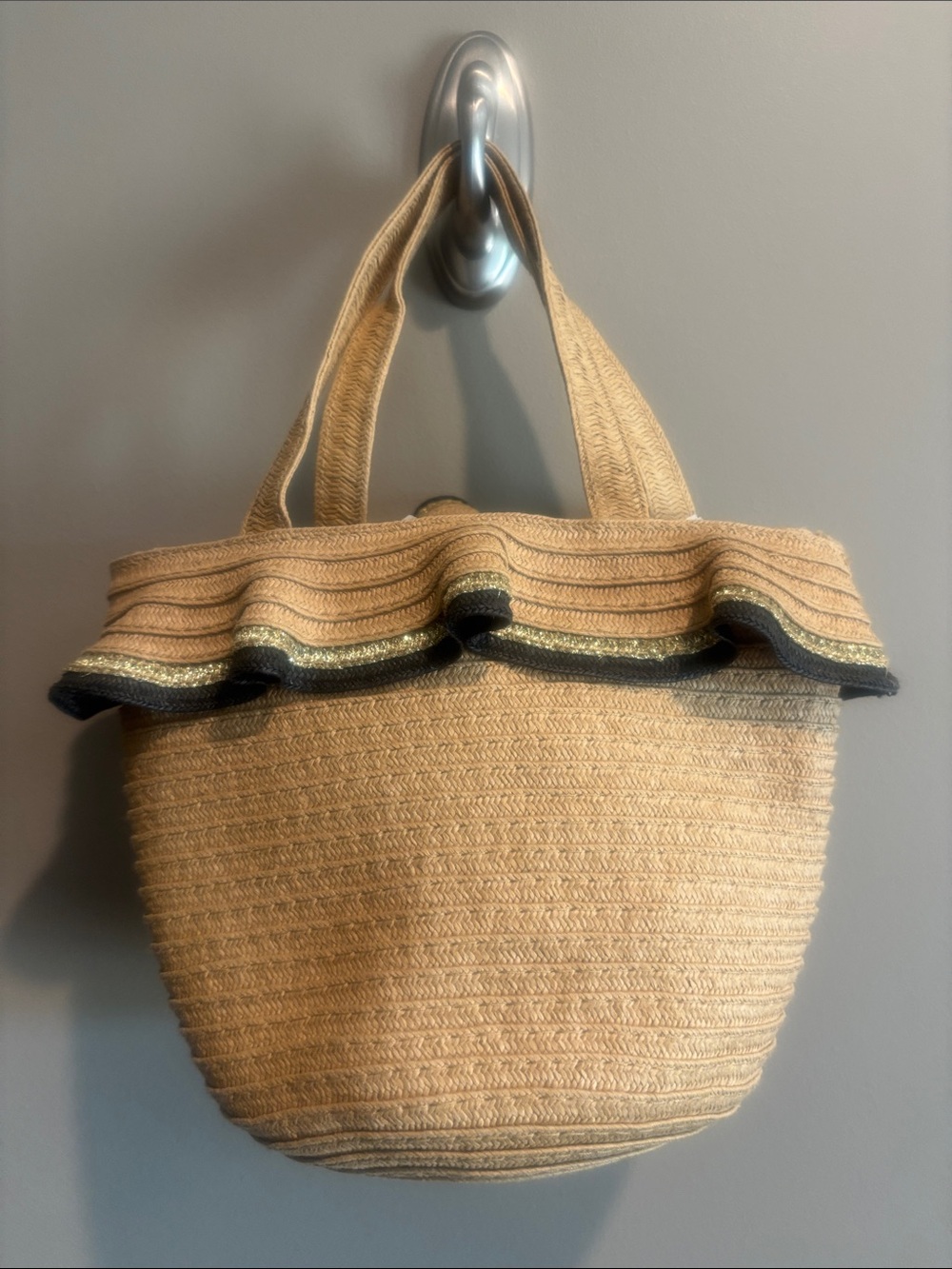 Beige Ruffled Straw Tote Bag